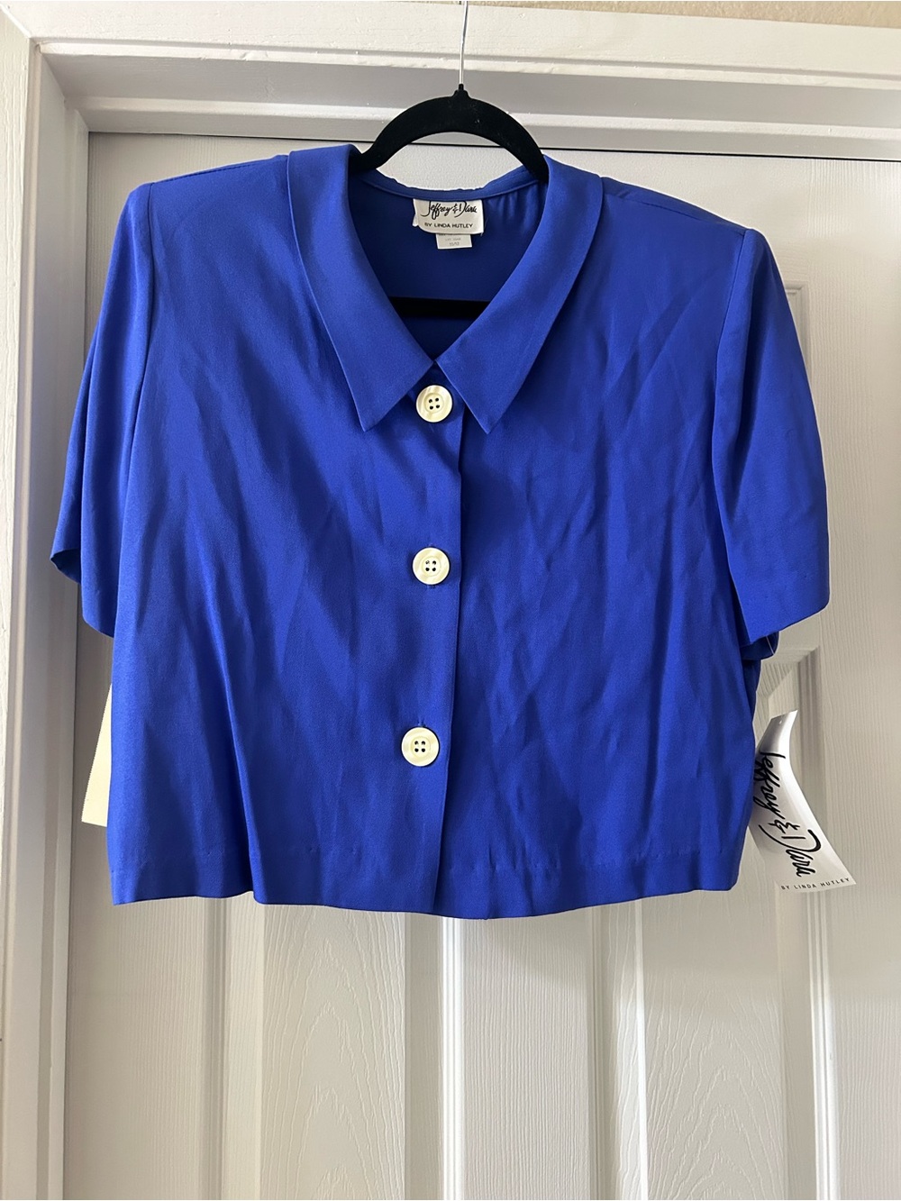 Vintage-Inspired Short Sleeve Button-Front Top in Cobalt Blue